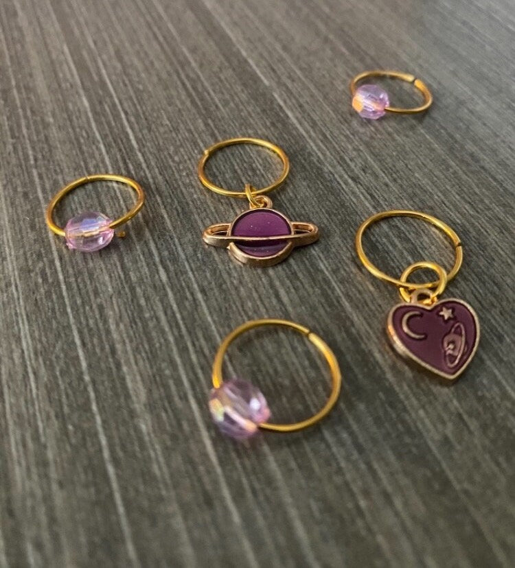 Planet Loc Charms | Solar System Hair Jewelry | Braid Rings | Gift for Her | Purple Loc Rings | Natural Hair Dangles | Set of 5