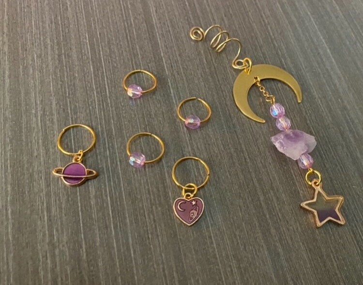 Planet Loc Charms | Solar System Hair Jewelry | Braid Rings | Gift for Her | Purple Loc Rings | Natural Hair Dangles | Set of 5