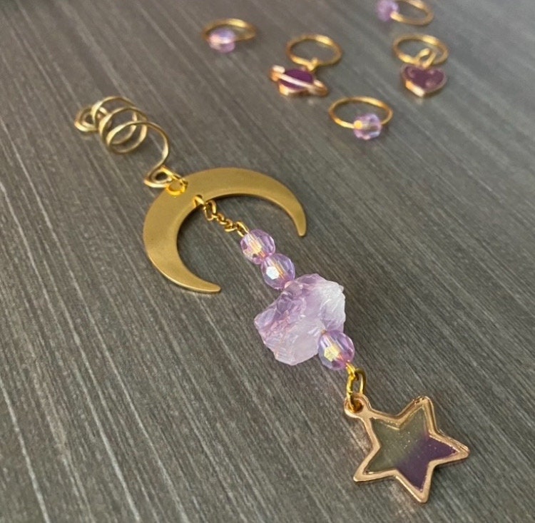 Planet Loc Charms | Solar System Hair Jewelry | Braid Rings | Gift for Her | Purple Loc Rings | Natural Hair Dangles | Set of 5