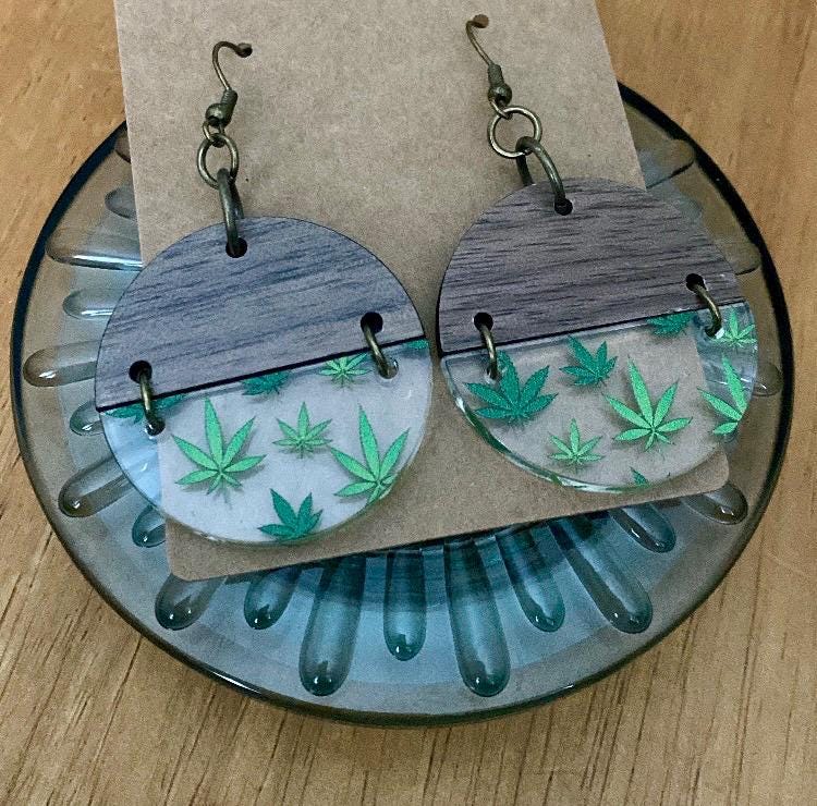 Two Toned Round Pot Earrings|Hippie Stoner Gift for Her |Boho Cannabis Earrings| Marijuana Jewelry| THC| Wood and Acrylic Leaf Dangles| Hemp
