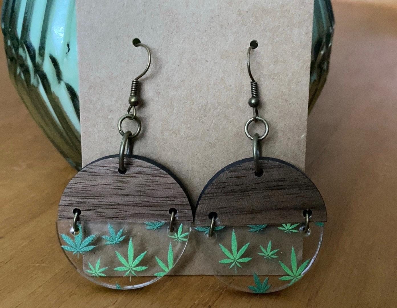 Two Toned Round Pot Earrings|Hippie Stoner Gift for Her |Boho Cannabis Earrings| Marijuana Jewelry| THC| Wood and Acrylic Leaf Dangles| Hemp