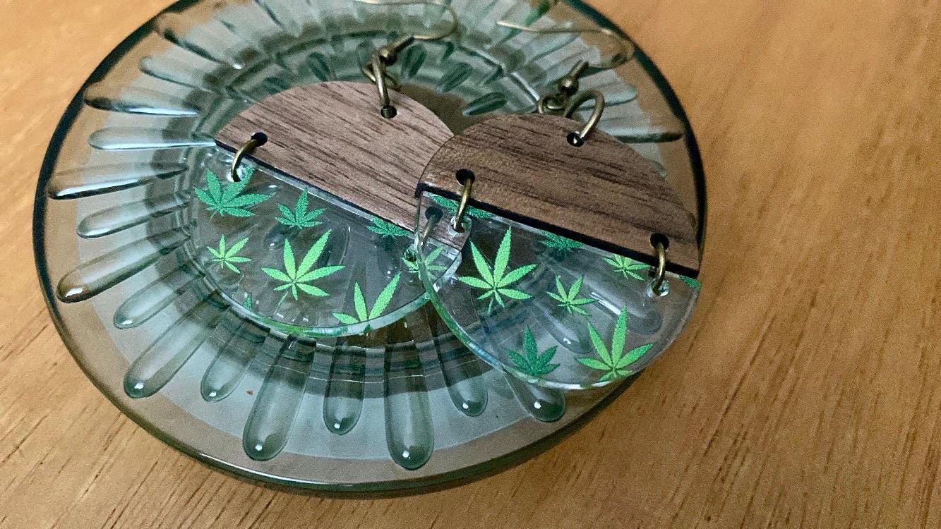 Two Toned Round Pot Earrings|Hippie Stoner Gift for Her |Boho Cannabis Earrings| Marijuana Jewelry| THC| Wood and Acrylic Leaf Dangles| Hemp
