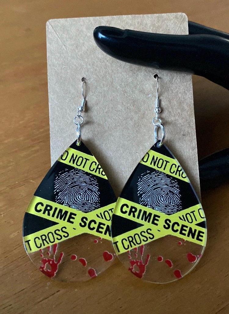 Crime Scene Tape Earrings, True Crime Lover Jewelry, Fingerprint and Bloody Handprint Earrings,Light Weight Dangles, Halloween Gift