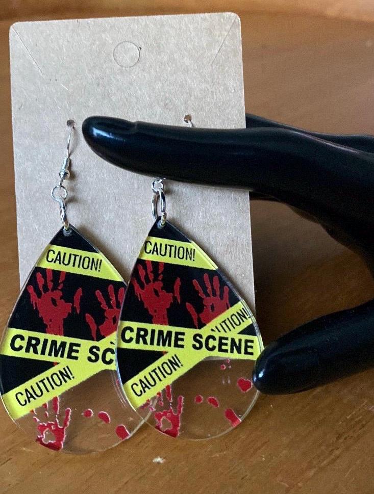 Crime Scene Tape Earrings, True Crime Lover Jewelry, Fingerprint and Bloody Handprint Earrings,Light Weight Dangles, Halloween Gift