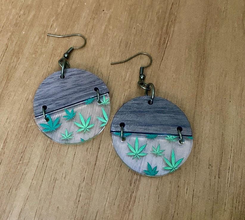 Two Toned Round Pot Earrings|Hippie Stoner Gift for Her |Boho Cannabis Earrings| Marijuana Jewelry| THC| Wood and Acrylic Leaf Dangles| Hemp