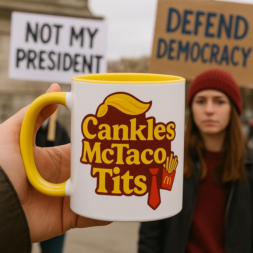 White ceramic 11oz mug with yellow handle and interior displaying “Cankles McTaco Tits” in bold yellow letters with Trump-style hair, red tie, and fries graphic. Held at a political protest with blurred signs reading “Not My President” and “Defend Democracy” in the background.