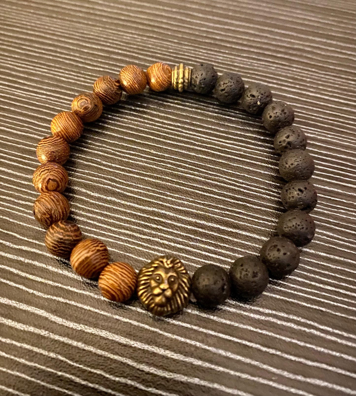 Wood and Lava Stone Lion Head Bracelet