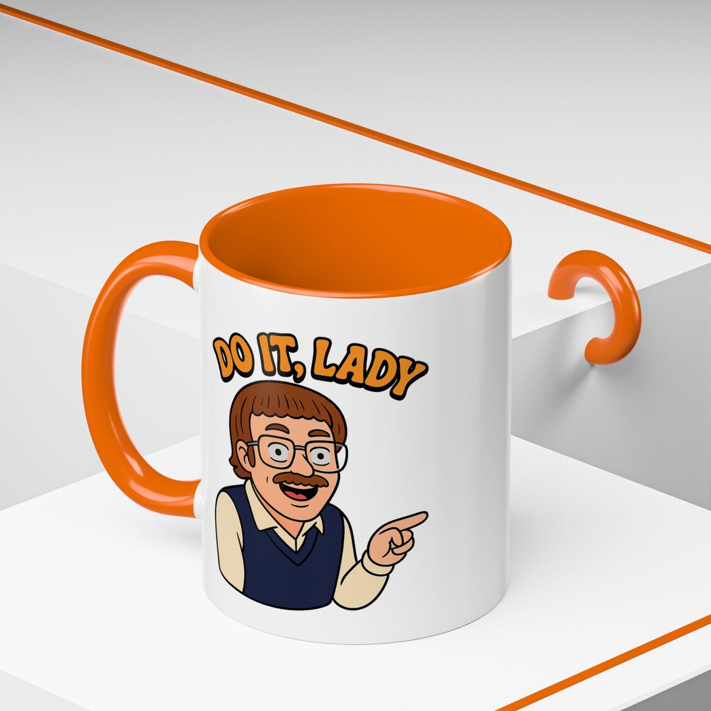 Funny meme coffee mug for work desk with retro cartoon man and “Do It, Lady” quote, perfect for office humor gifts