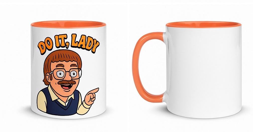 Blank back view of accent color ceramic mug with orange handle and interior, customizable funny coffee mug