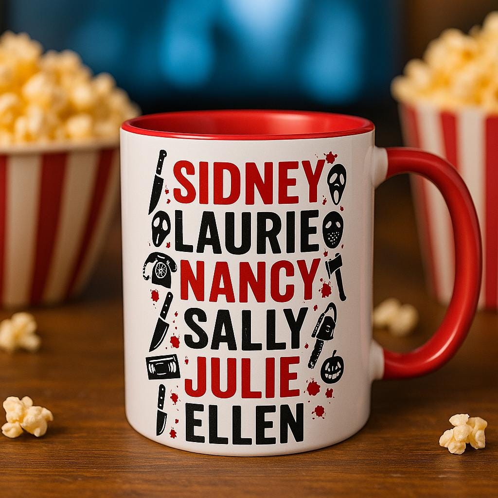 A white ceramic horror-themed mug with red interior and handle, placed in a cozy movie night setting with popcorn, VHS tapes, and warm lighting. The design features bold red and black names of legendary Final Girls with eerie slasher graphics, ideal for Halloween decor or horror gift ideas.