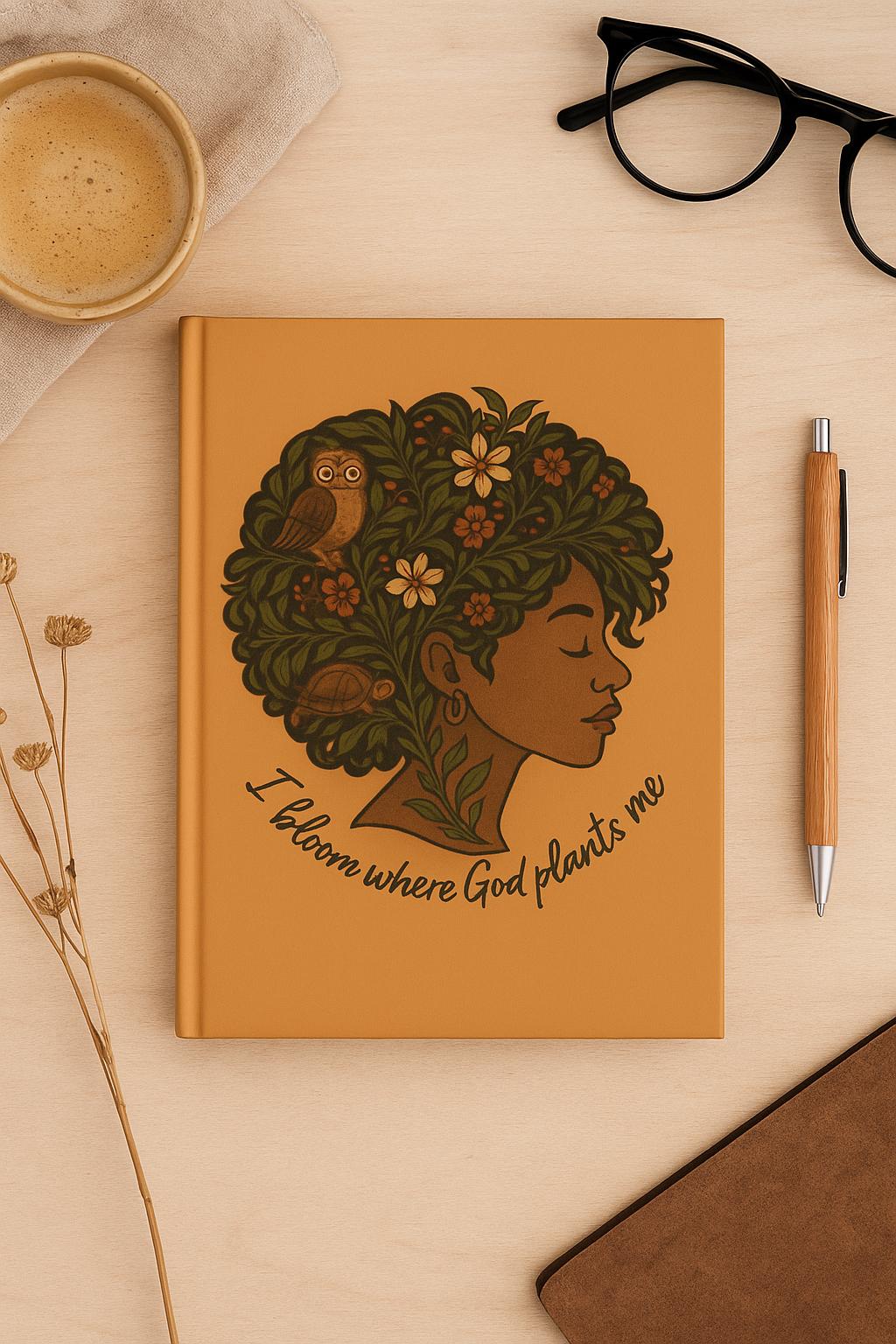 Faith-inspired Afrocentric journal styled with glasses, pen, coffee, and dried flowers on a wooden desk, showcasing affirmation I bloom where God plants me.
