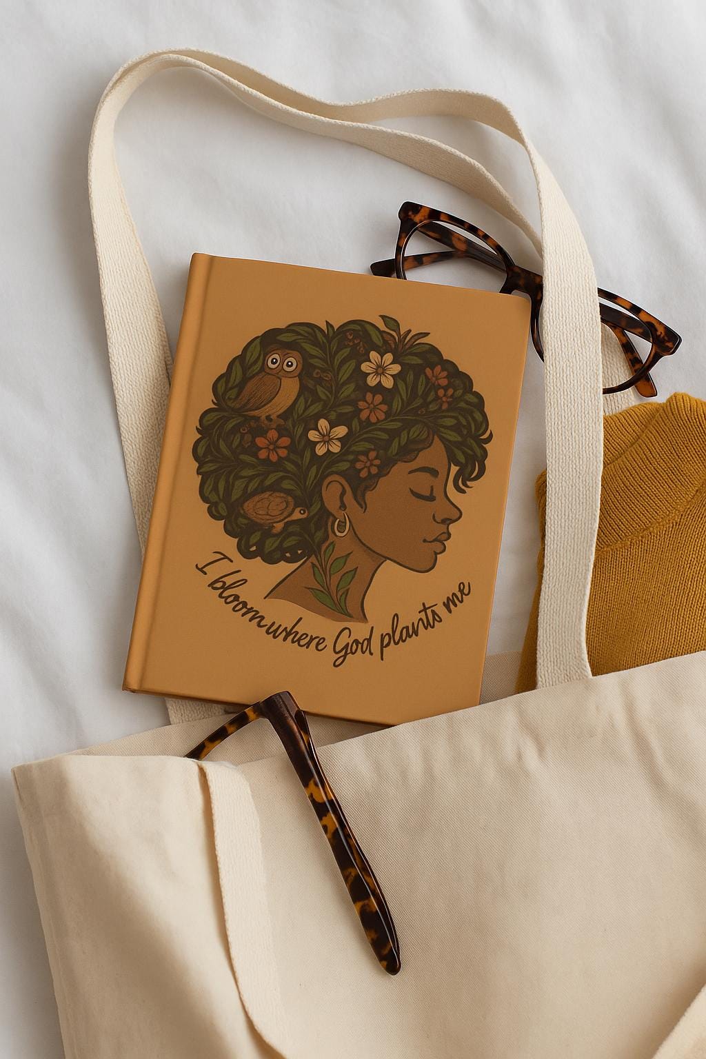 Compact 5x7 Afrocentric Christian journal peeking out of a beige canvas tote bag with glasses and mustard sweater, portable faith notebook with affirmation text.