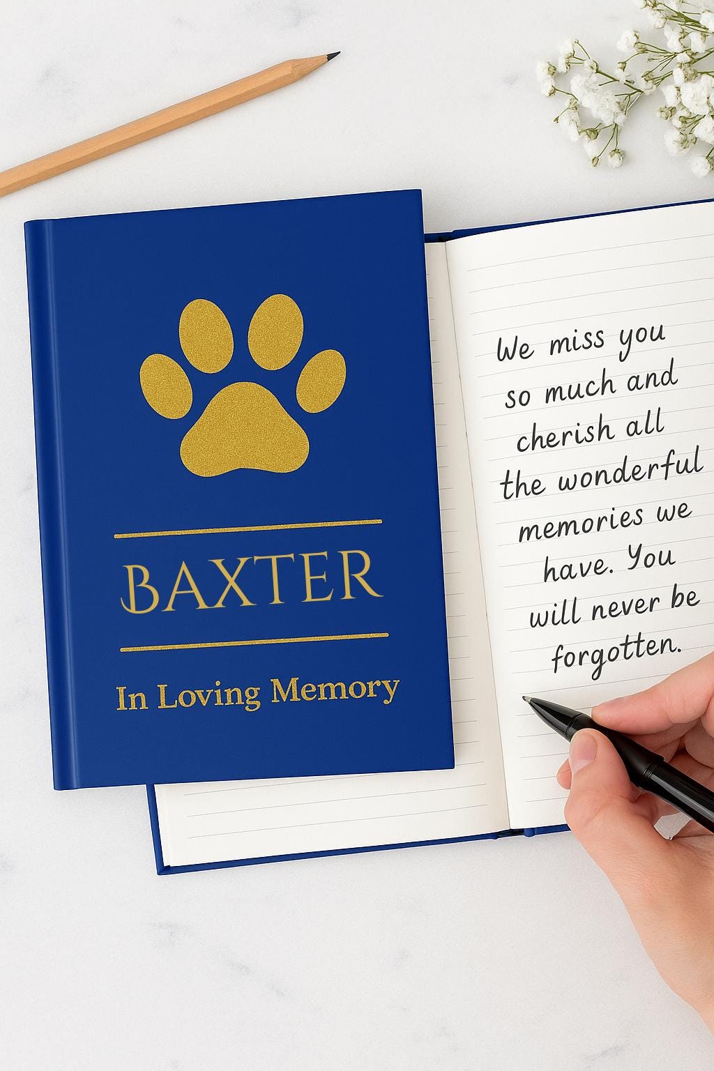 Personalized pet memorial journal open on a desk, a hand writing with  pen, blank pages ready for memories and reflections.