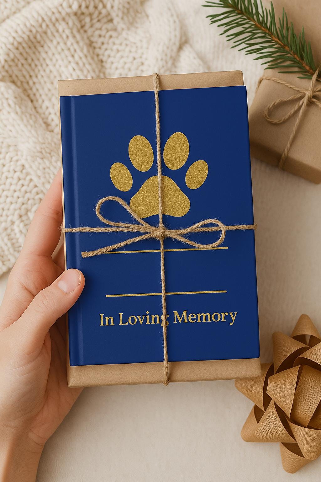 Pet memorial journal in kraft gift box with twine and paw print tag, navy blue cover with gold personalization, perfect gift for pet loss remembrance.