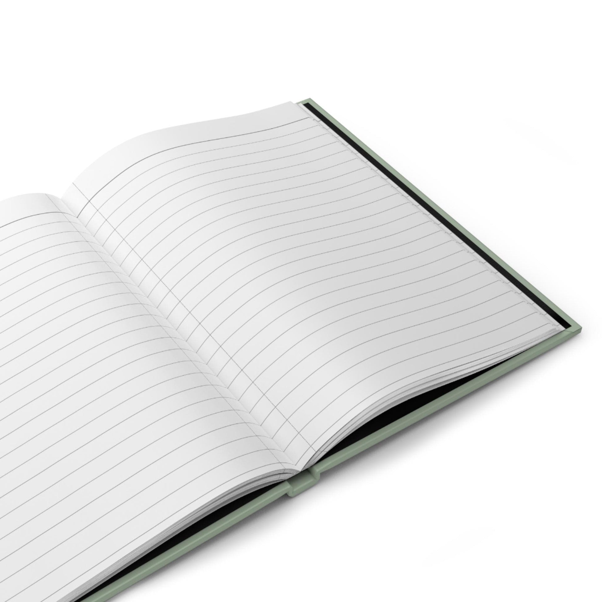 Open recipe legacy notebook with sage green cover, displaying blank lined cream pages. Held on a rustic wooden table with warm lighting. Perfect for writing down treasured family recipes and cooking notes.