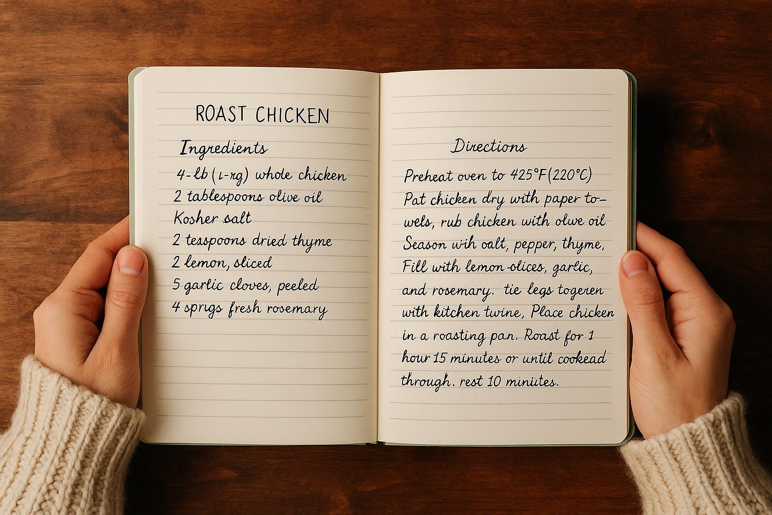 Open personalized recipe legacy notebook with sage green cover, showing handwritten roast chicken recipe on lined pages. Cozy warm wooden table background. Perfect keepsake family cookbook gift for recording kitchen traditions.