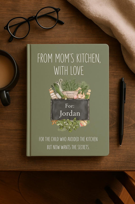 Cozy flat lay of a sage green recipe legacy notebook titled ‘From Mom’s Kitchen, With Love.’ The cookbook rests on a rustic wooden desk with coffee, glasses, pen, and soft blanket, creating a warm nostalgic kitchen vibe. Personalized chalkboard ready for custom names.