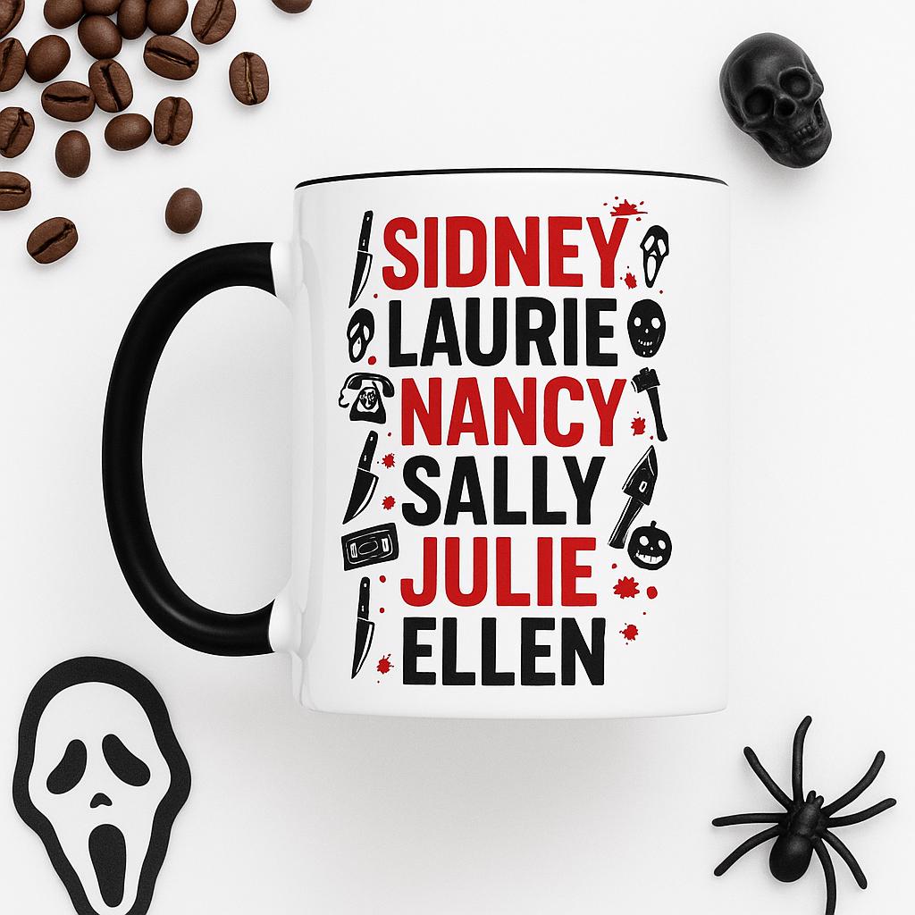 Final Girls horror coffee mug on white background surrounded by coffee beans, skull, spider, and Ghostface cutout, styled for Halloween drinkware photography.
