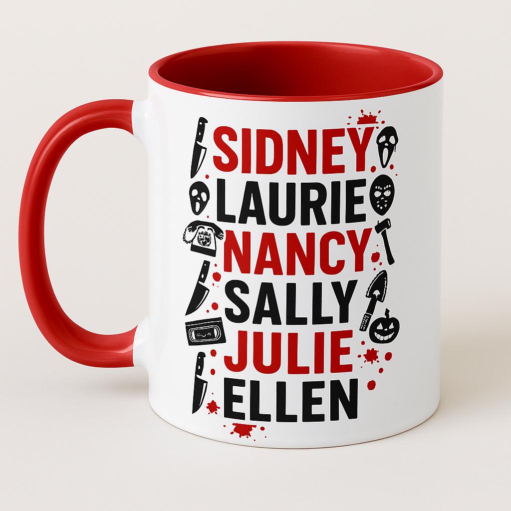 White ceramic mug with red handle and interior featuring Final Girls horror design with bold names and slasher icons, perfect for horror fans and collectors.
