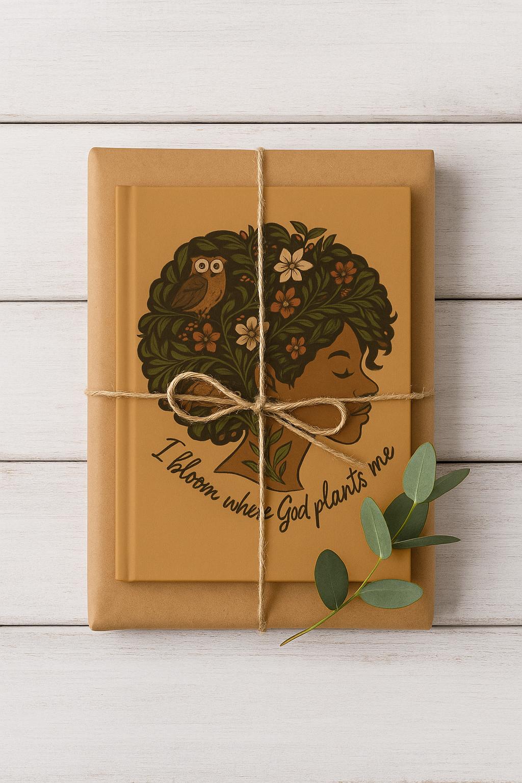 Afrocentric hardcover journal wrapped with kraft paper and twine, featuring Black woman illustration with owl, turtle, and affirmation I bloom where God plants me, styled as Christian gift.