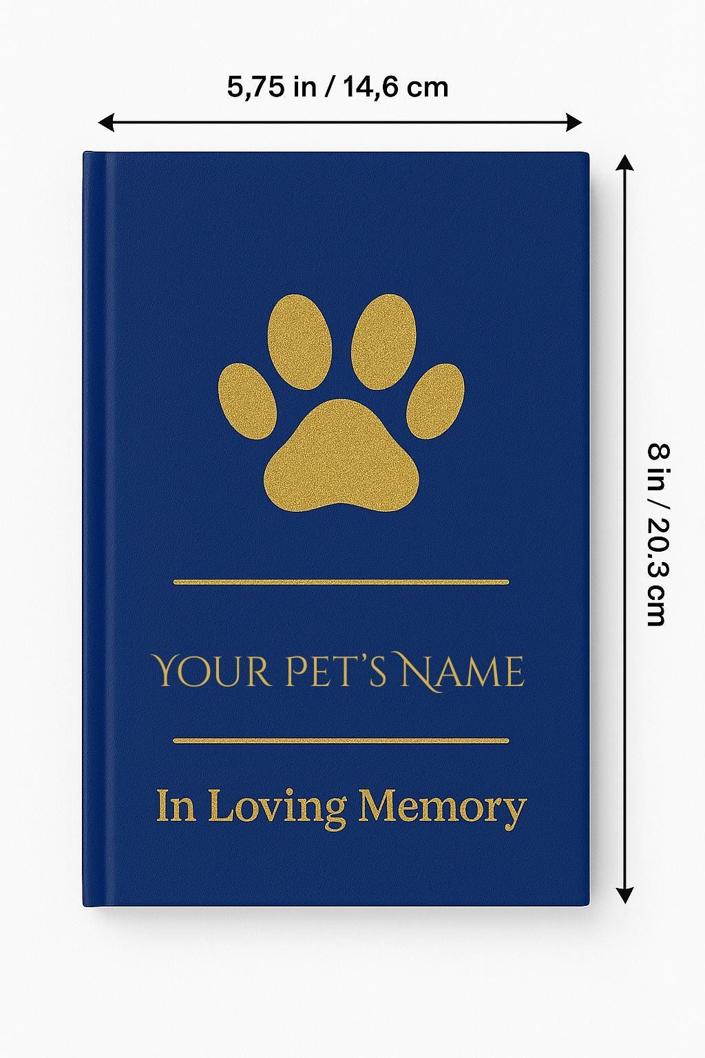 5.75 x 8 inch personalized pet memorial journal in navy blue with gold paw print, shown next to pencil and ruler for size reference.