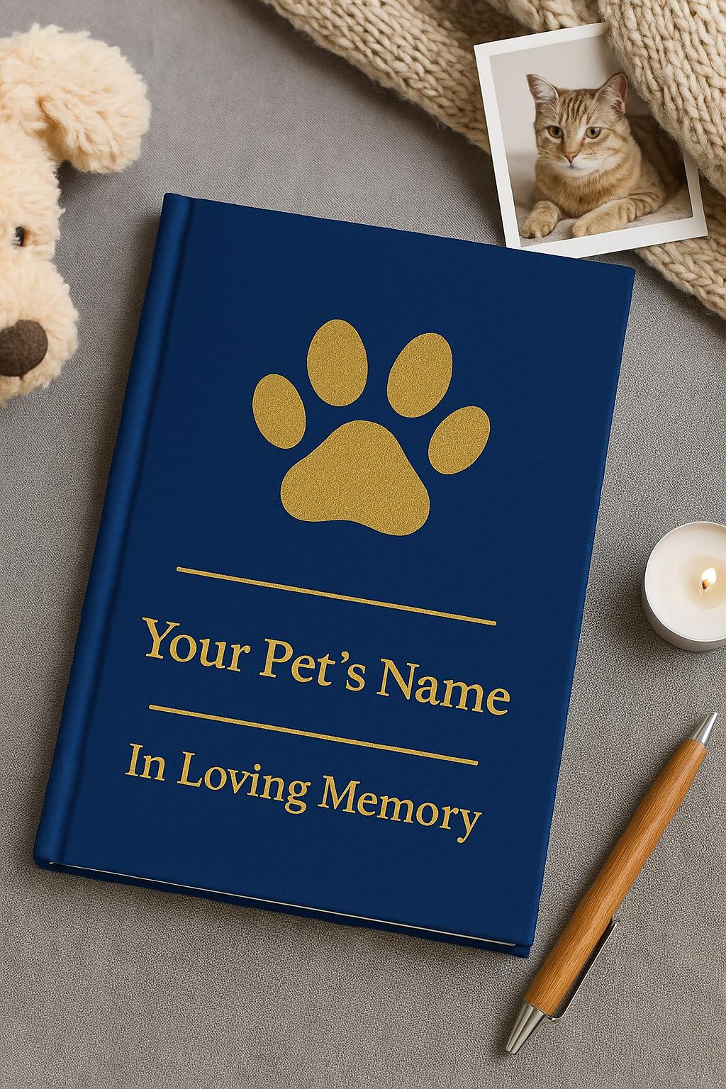 Close-up of gold paw print and In Loving Memory text on navy blue hardcover journal, personalized with pet’s name, high-quality matte finish.