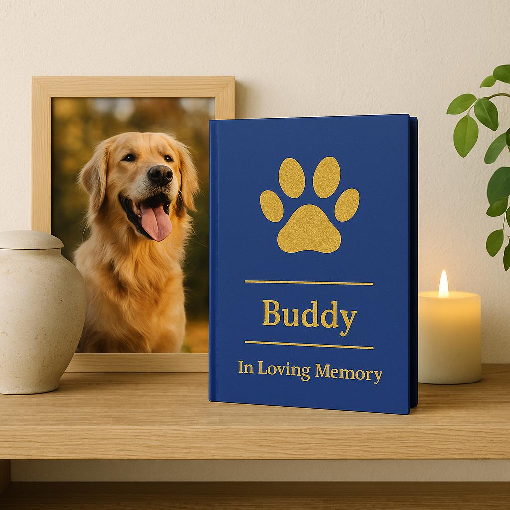 Pet remembrance journal displayed on shelf with framed pet photo, candle, and keepsakes, personalized sympathy gift for any animal loss.